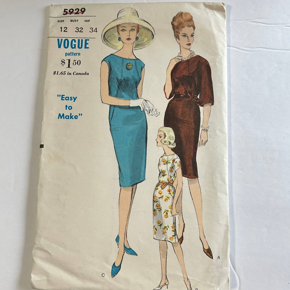 Vogue Vintage 1960's Pattern #5929 Women's Sheath Dress Size 12‎